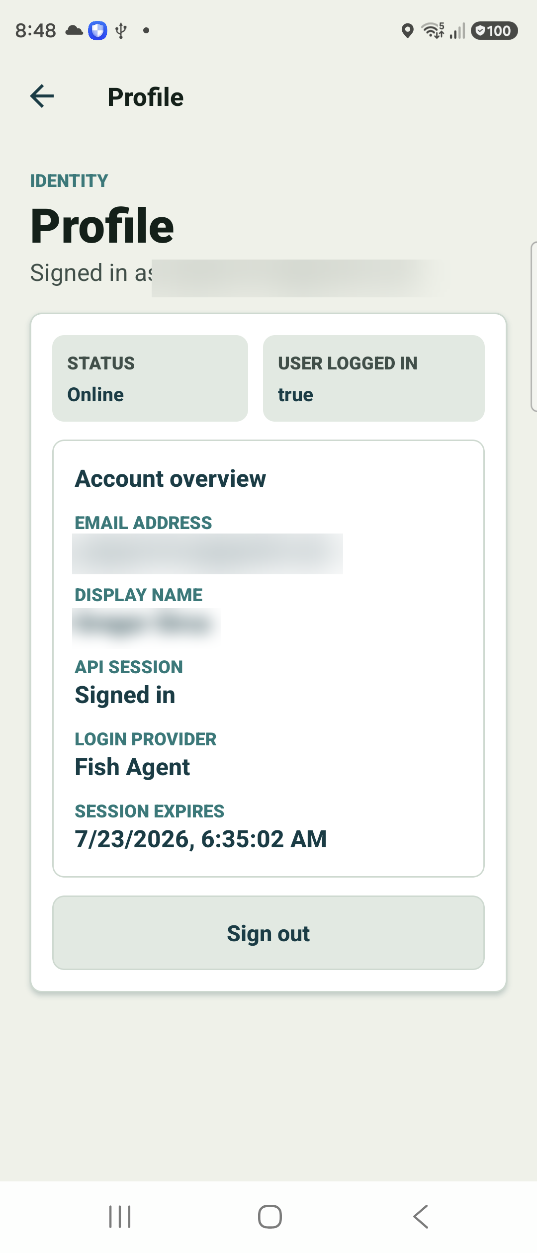 Profile screen showing account status