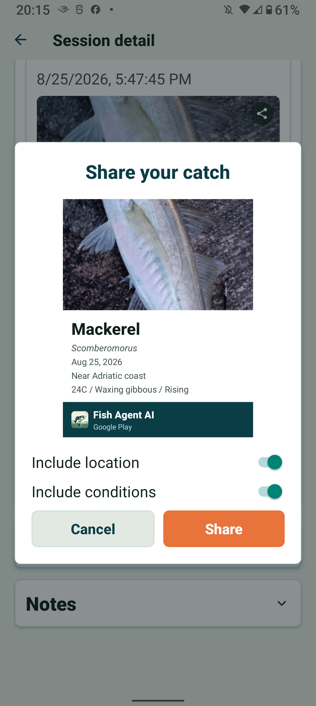 Fish Agent share preview with the finished catch card
