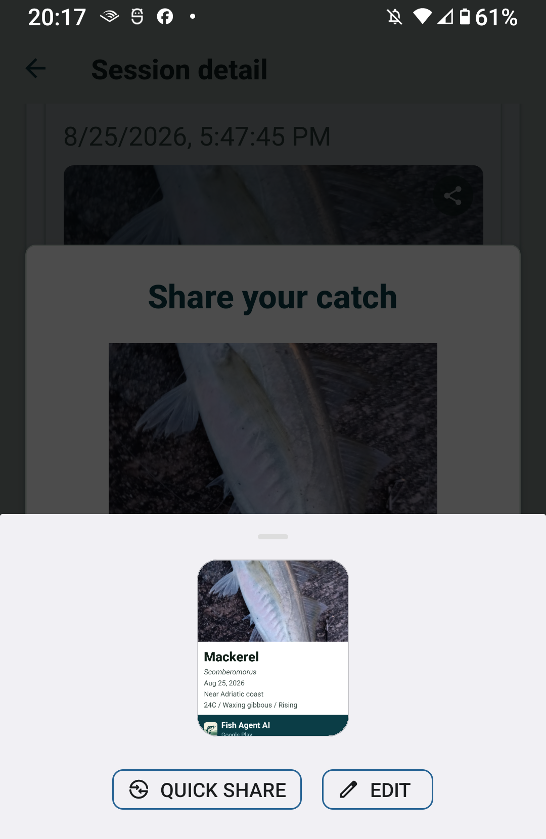 The phone share sheet with the finished catch card attached