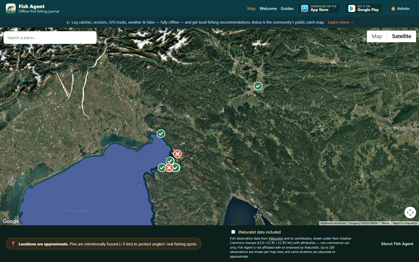 Fish Agent public community catch map with recent catch pins