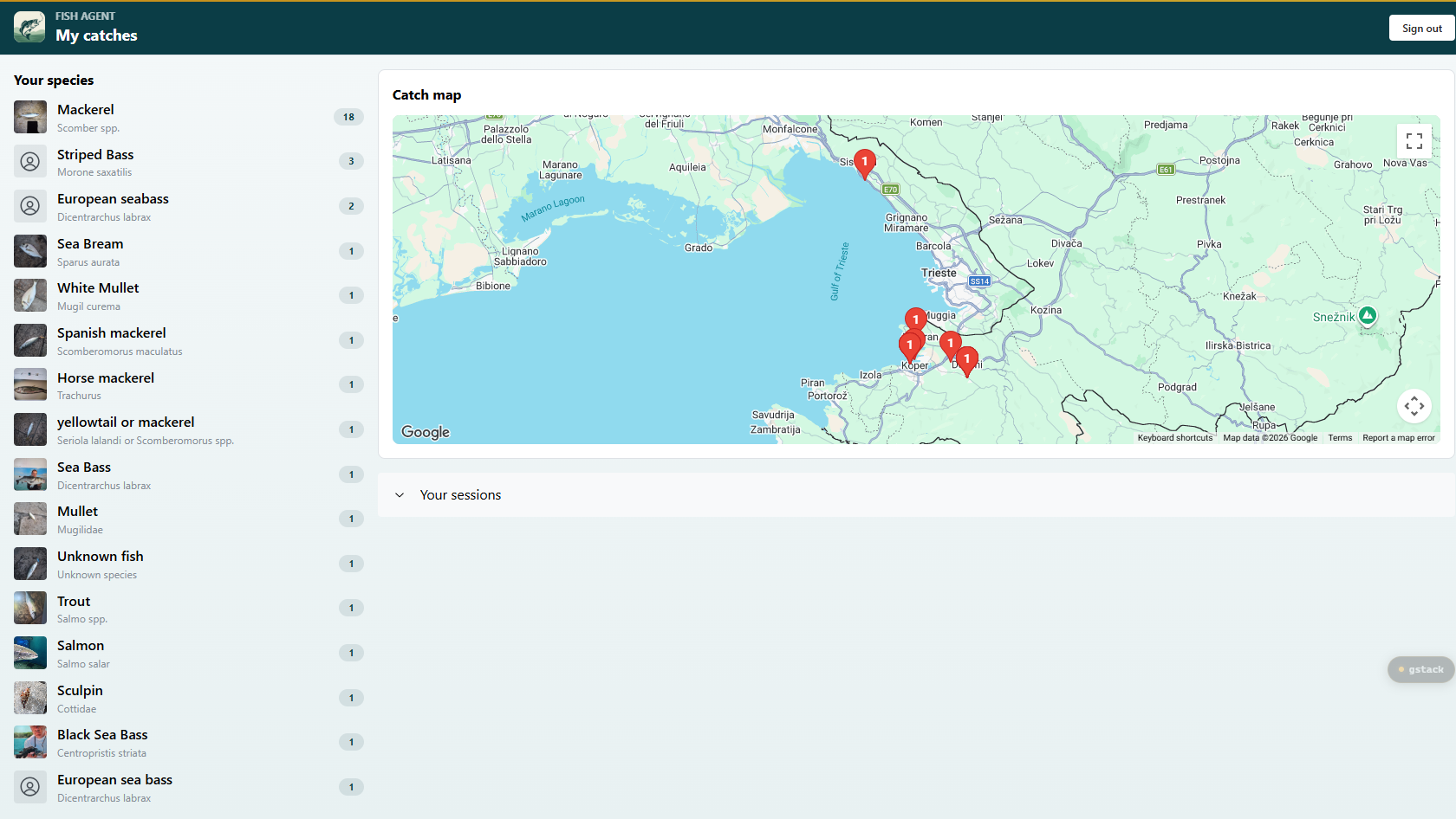 Fish Agent web app main screen with catch map and species list