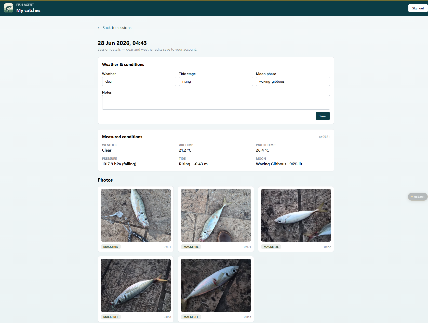 Fish Agent web app session detail with weather, conditions, and catch photos