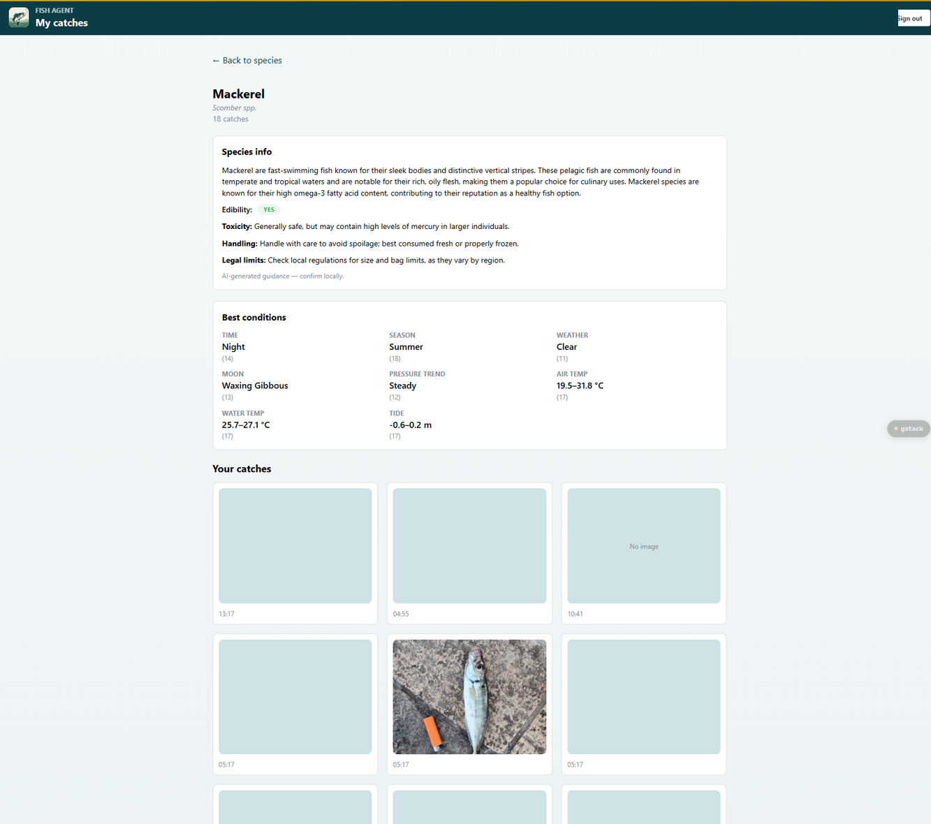 Fish Agent web app species page with AI species info, best conditions, and grouped catches